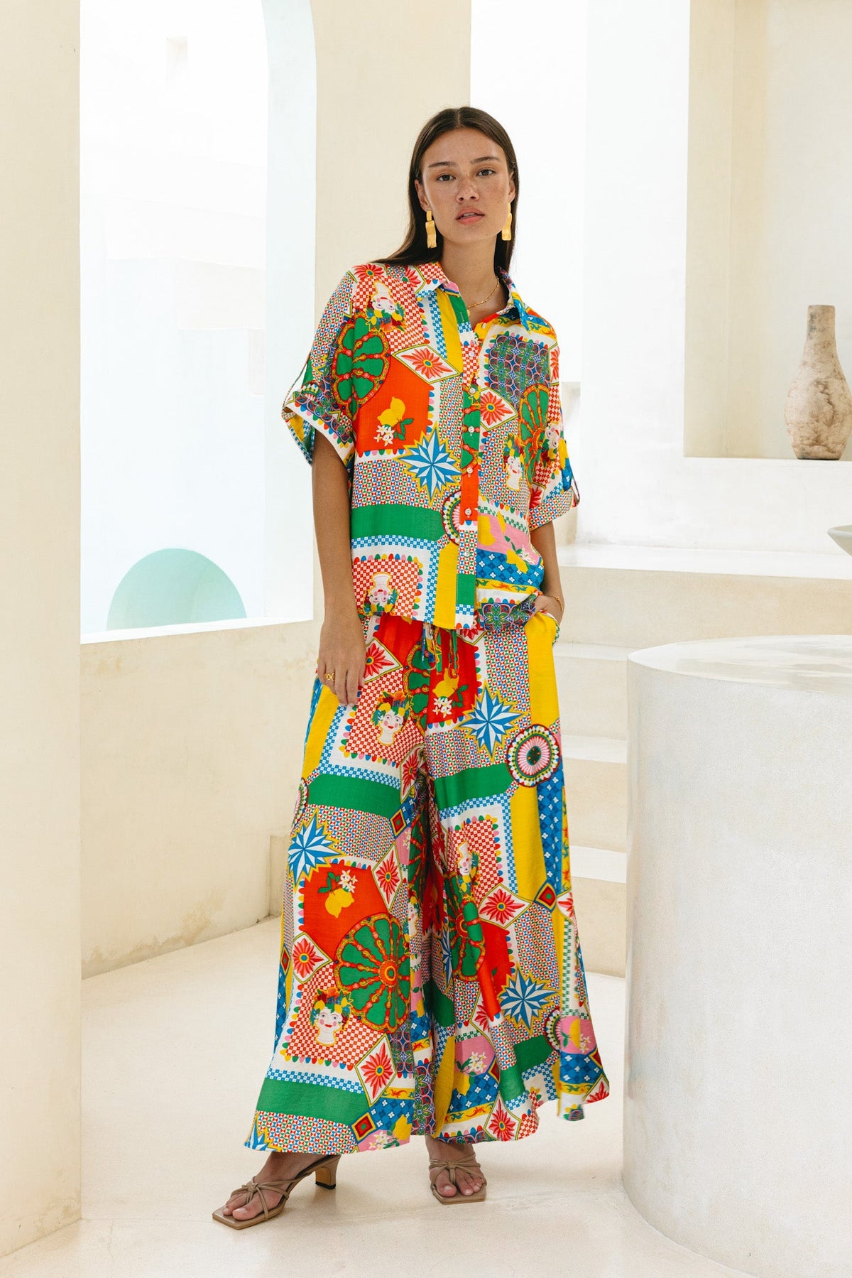 Multicolour Patchwork Wide Leg Cropped Pants