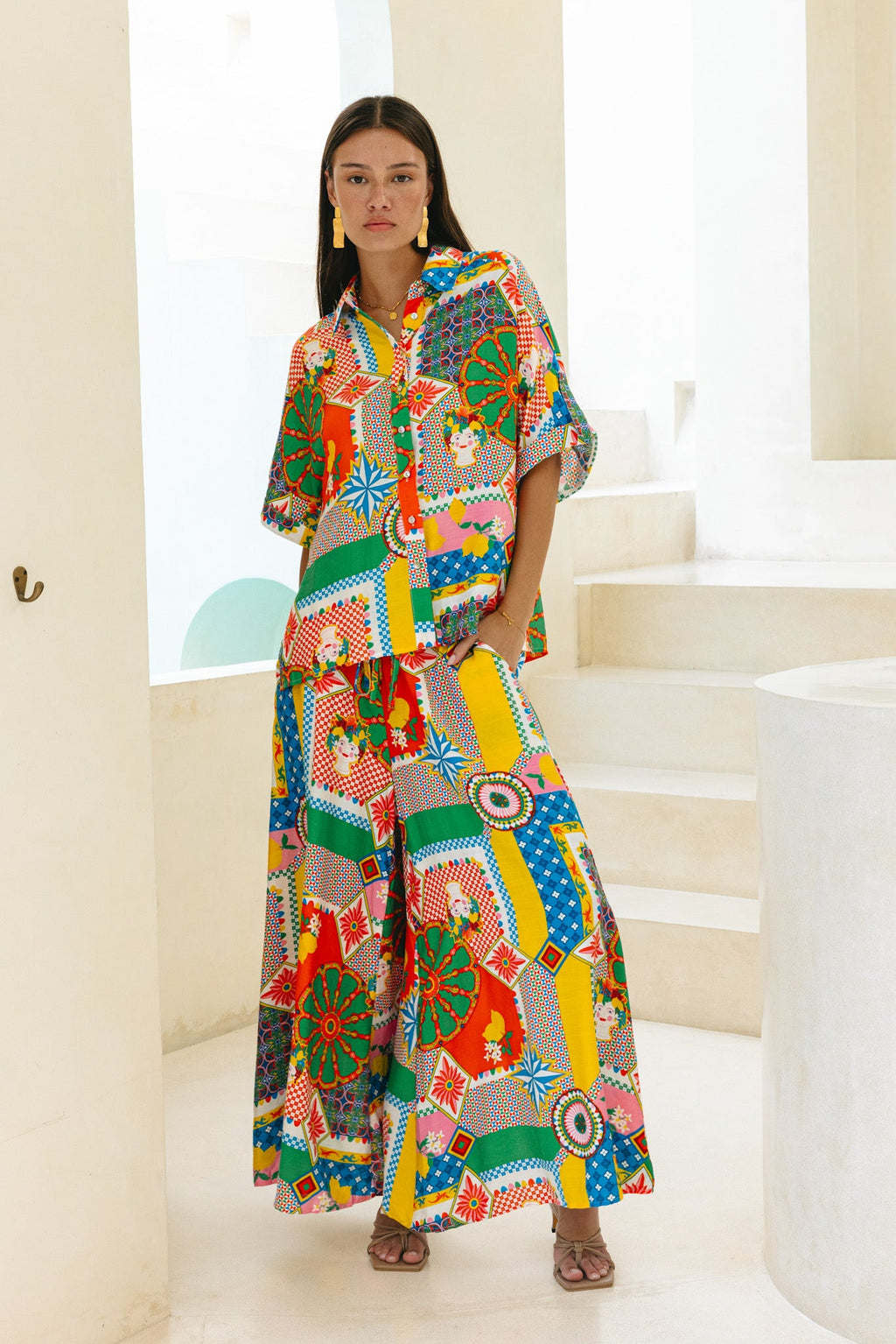 Multicolour Patchwork Wide Leg Cropped Pants