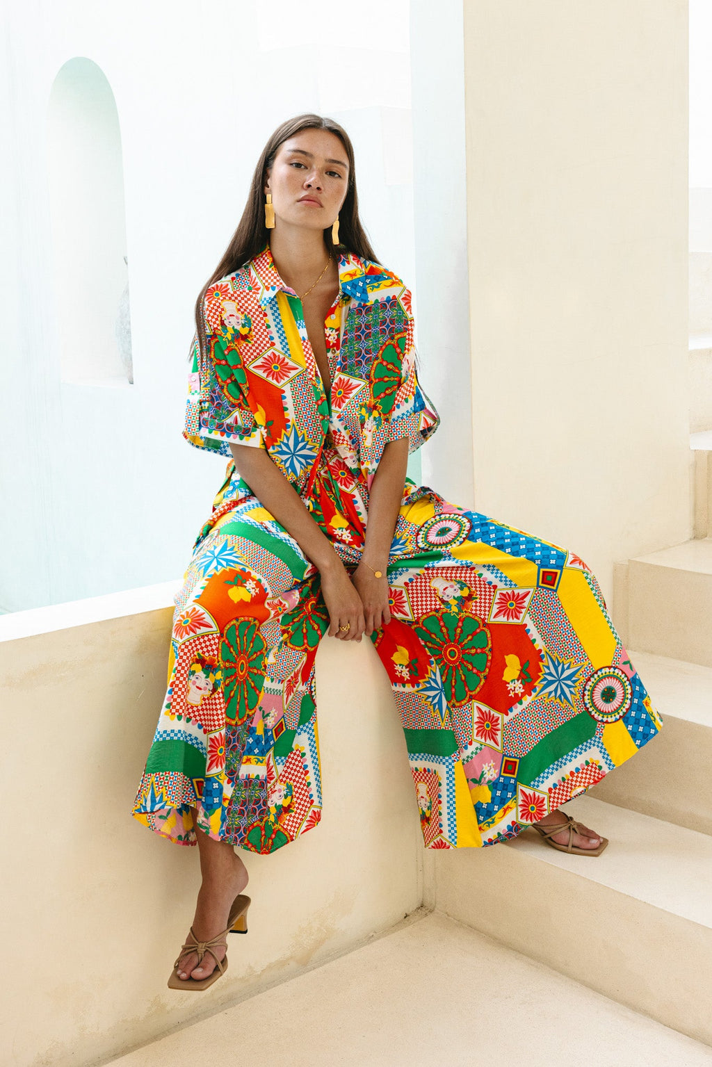 Multicolour Patchwork Wide Leg Cropped Pants