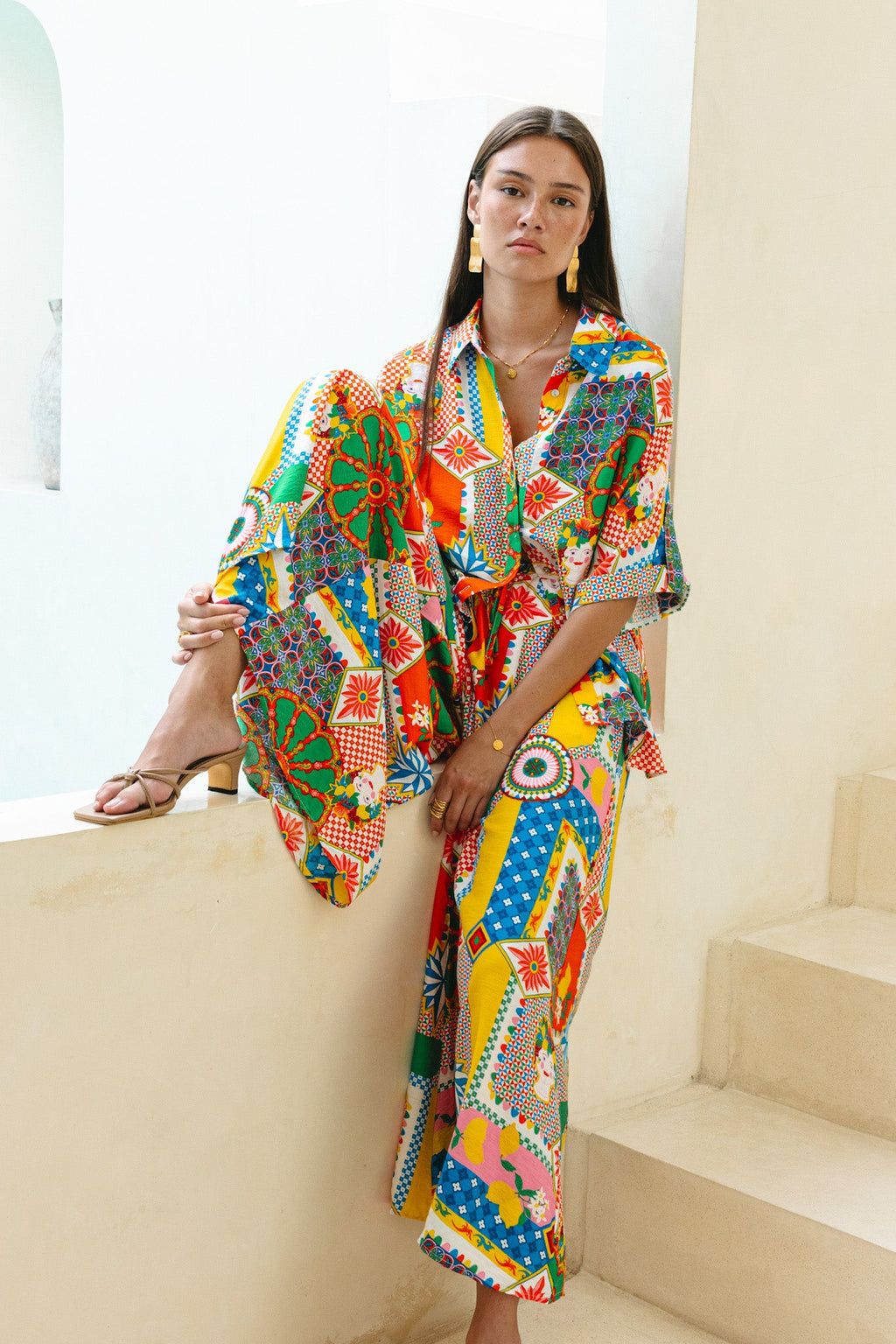 Multicolour Patchwork Wide Leg Cropped Pants