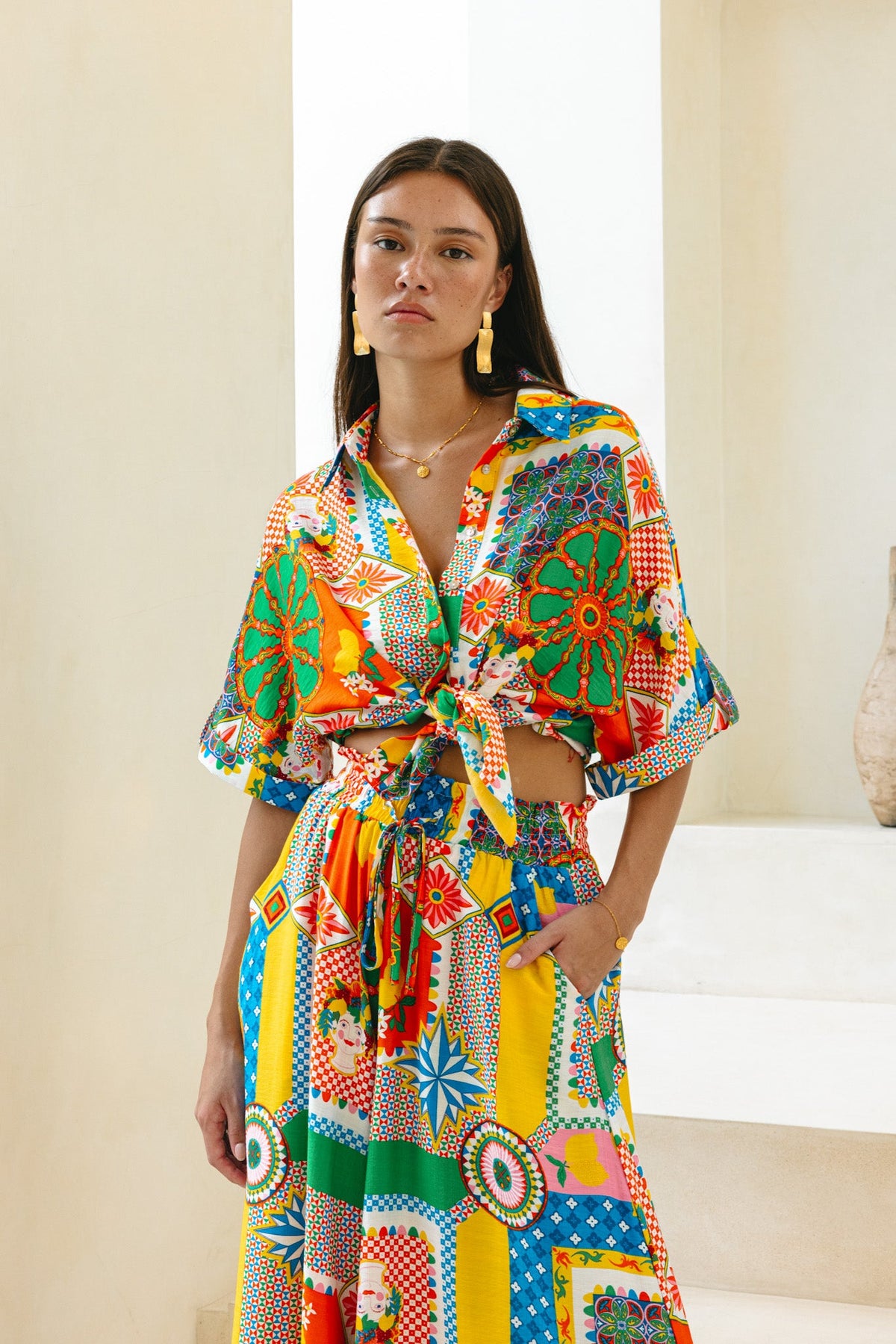 Multicolour Patchwork Wide Leg Cropped Pants