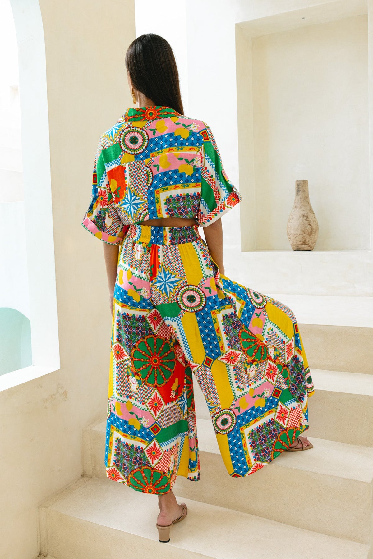 Multicolour Patchwork Wide Leg Cropped Pants