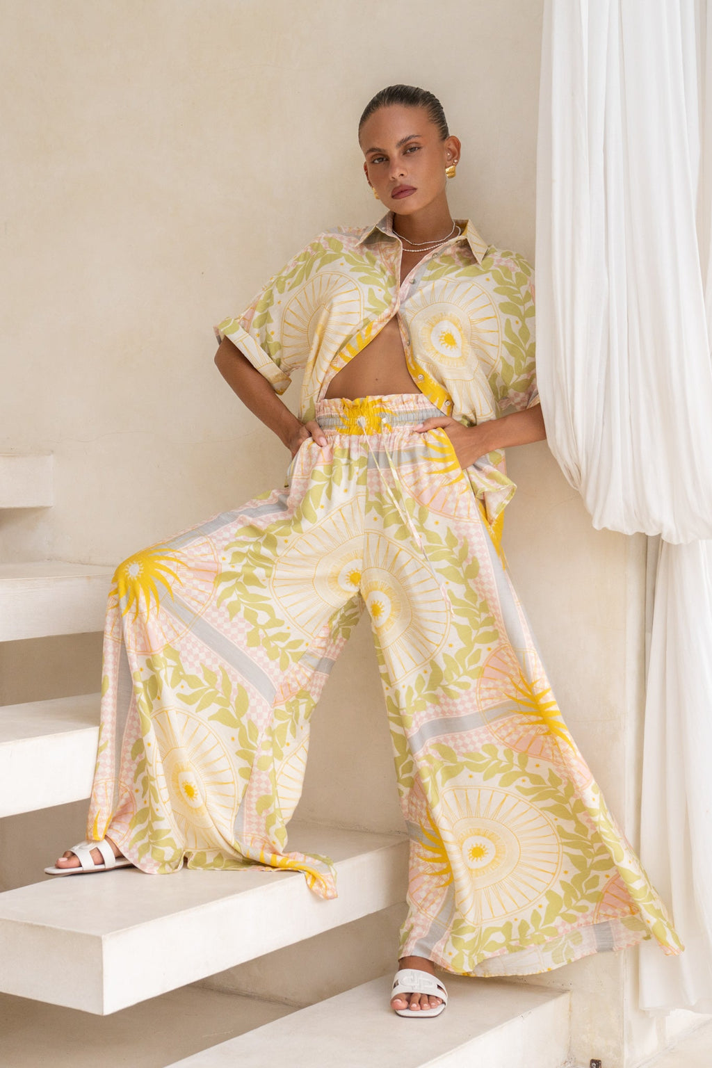Yellow Pink Abstract Wide Leg Pants