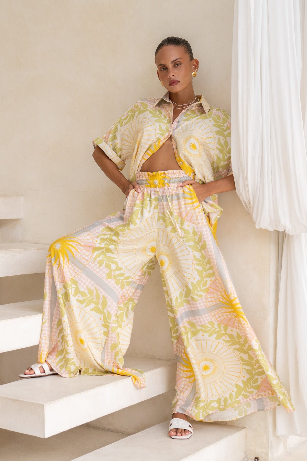 Yellow Pink Abstract Wide Leg Pants