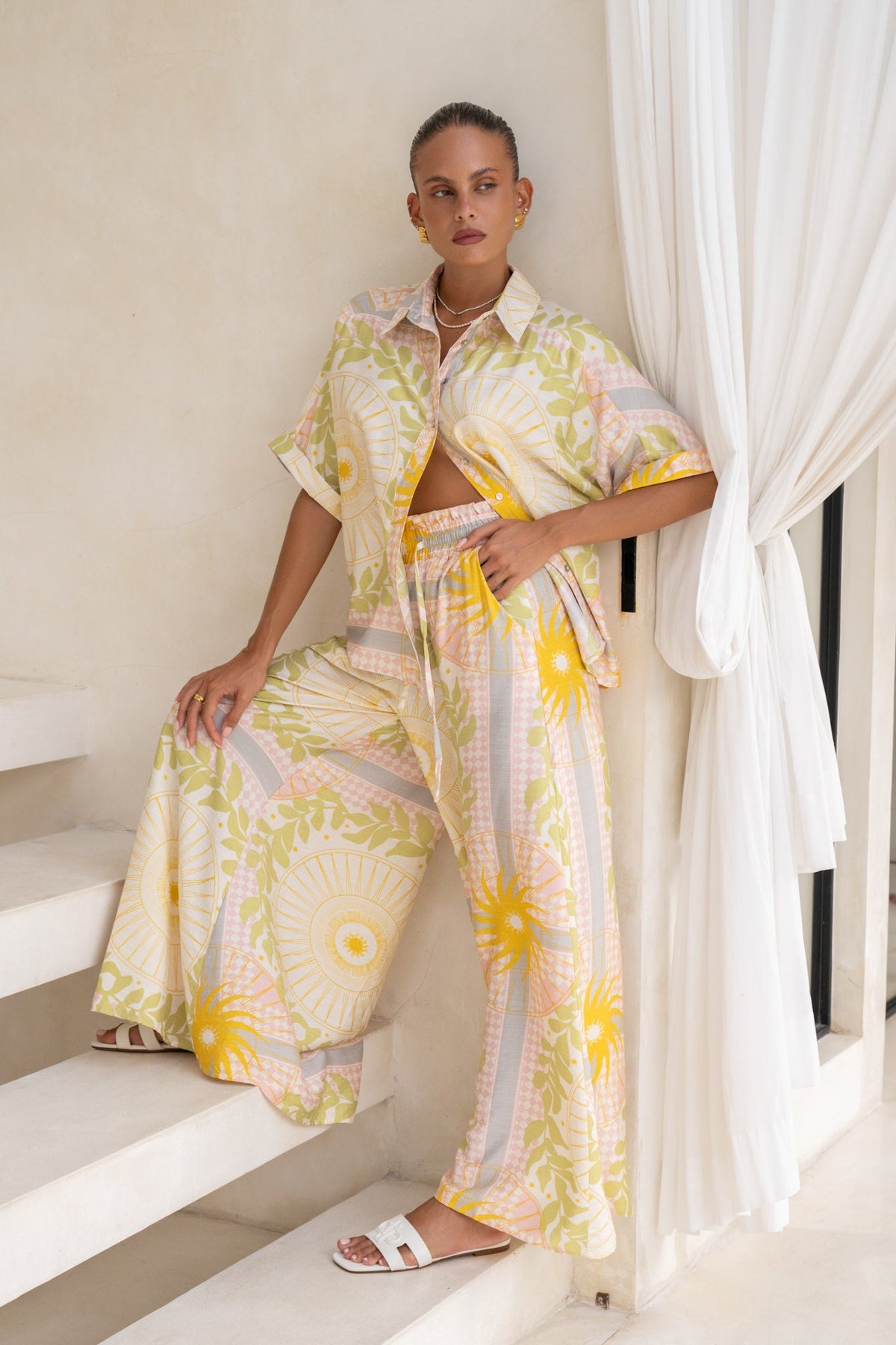 Yellow Pink Abstract Wide Leg Pants