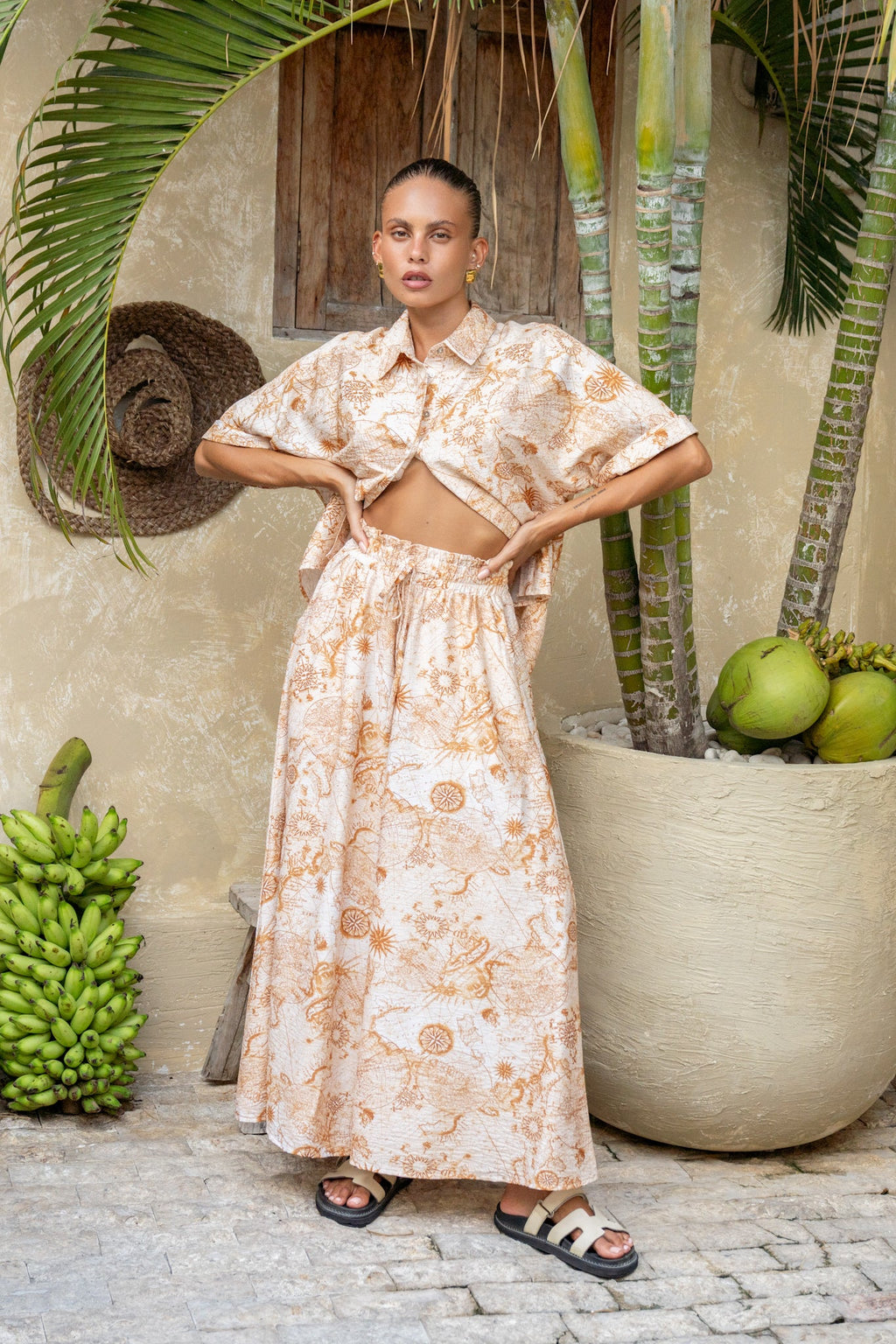 Khaki Abstract Wide Leg Cropped Pants