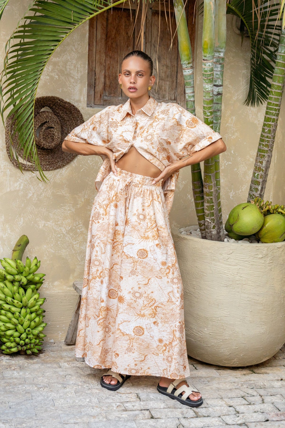 Khaki Abstract Wide Leg Cropped Pants