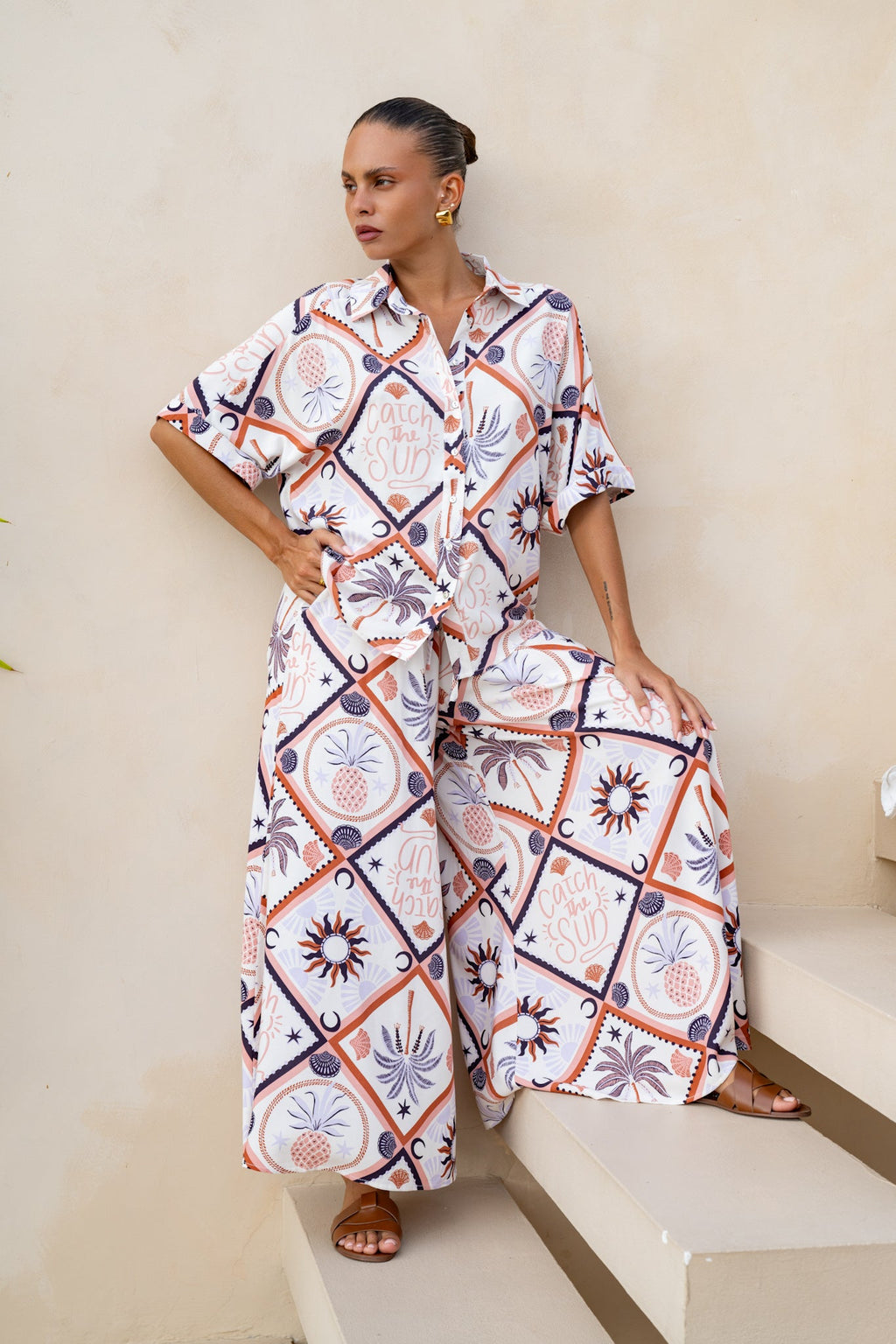 Brown Abstract Tile Wide Leg Cropped Pants