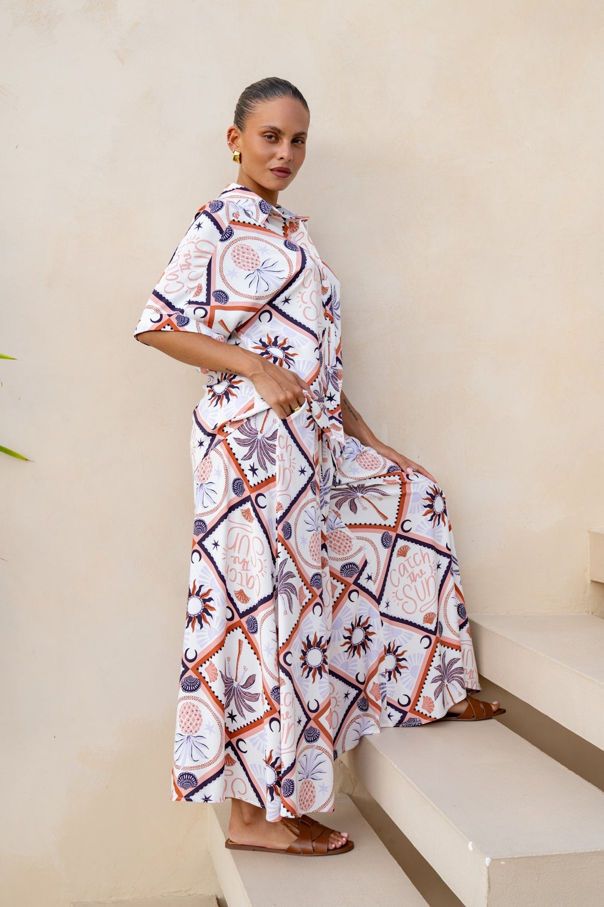Brown Abstract Tile Wide Leg Cropped Pants