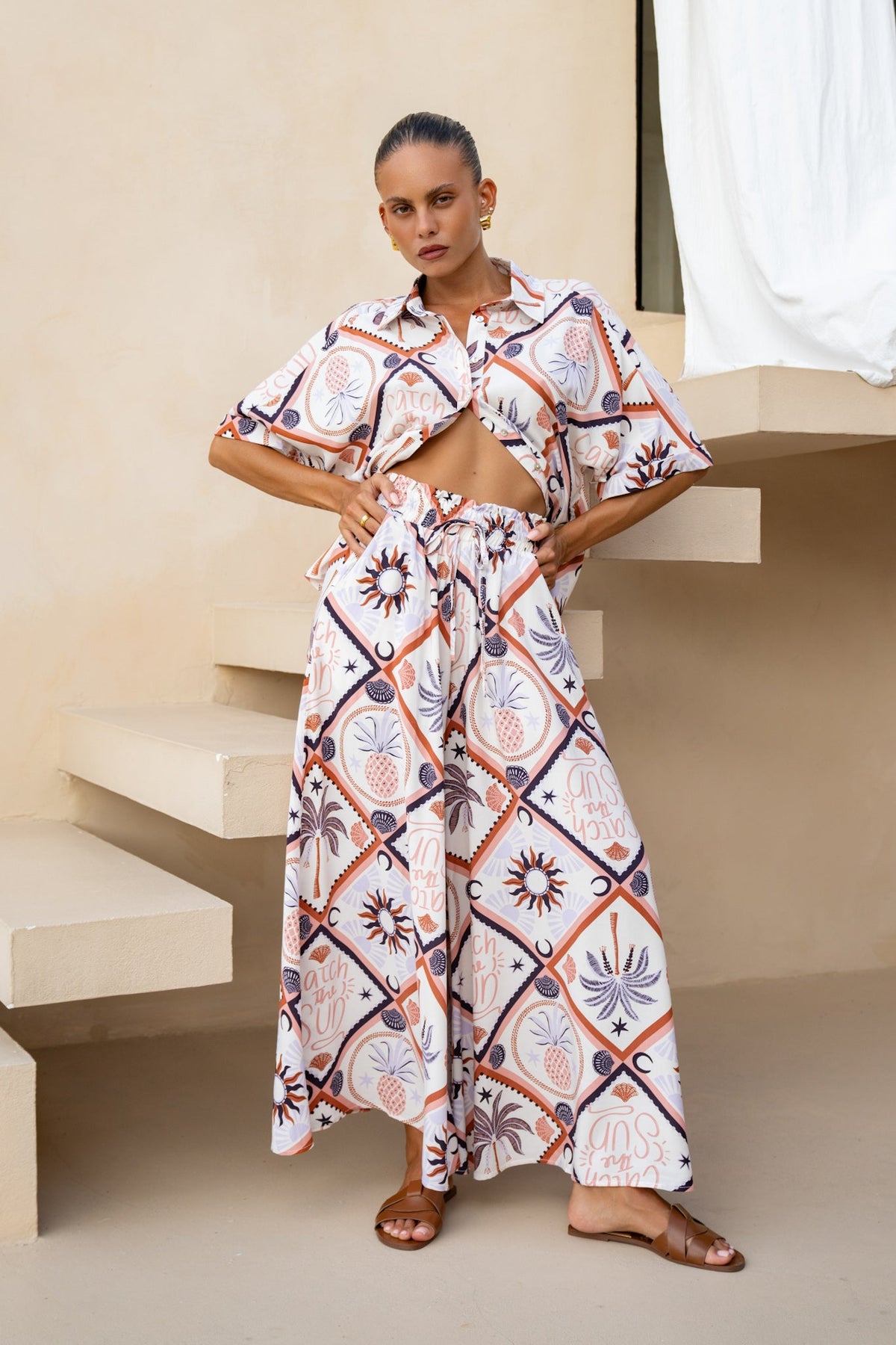 Brown Abstract Tile Wide Leg Cropped Pants