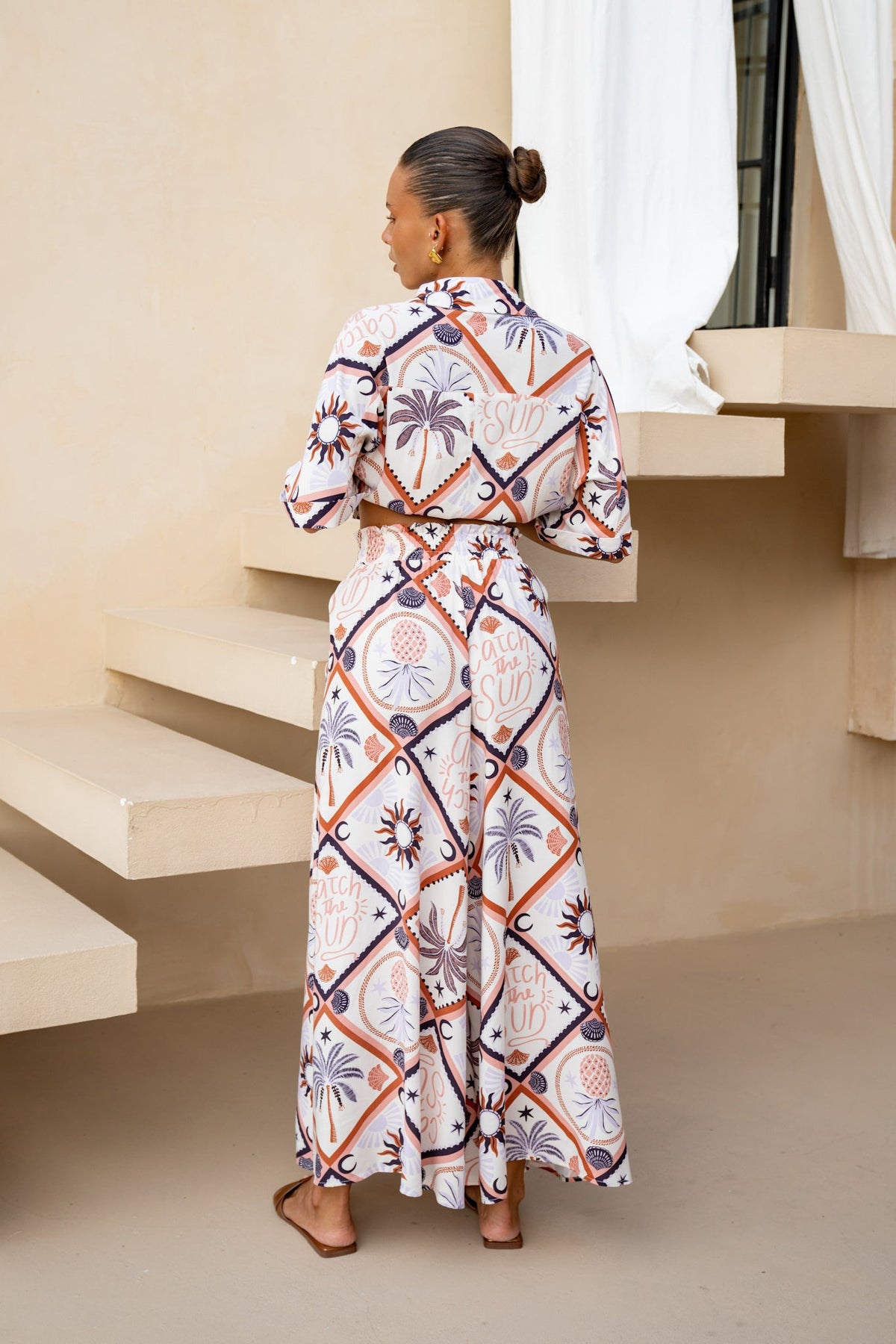 Brown Abstract Tile Wide Leg Cropped Pants