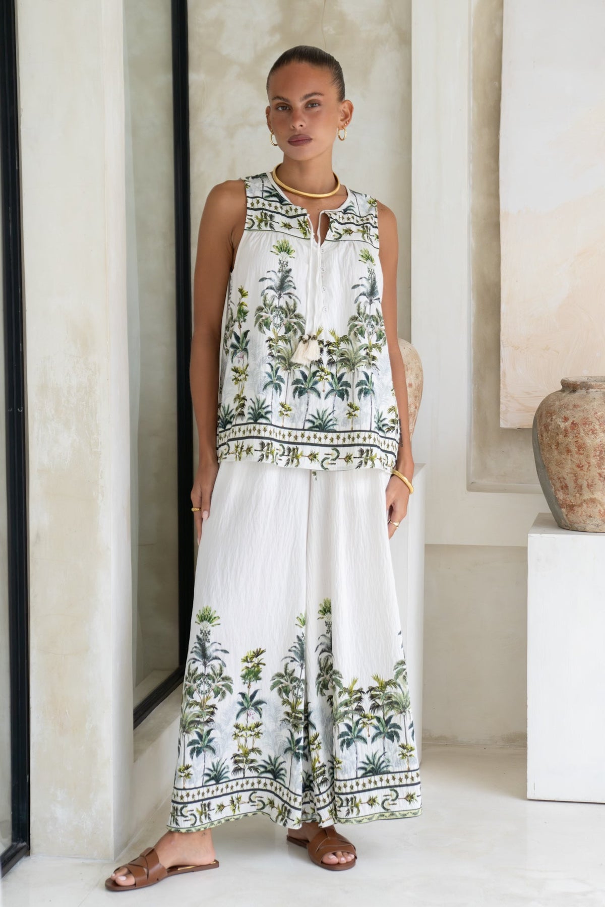 Green Tropical Wide Leg Pants