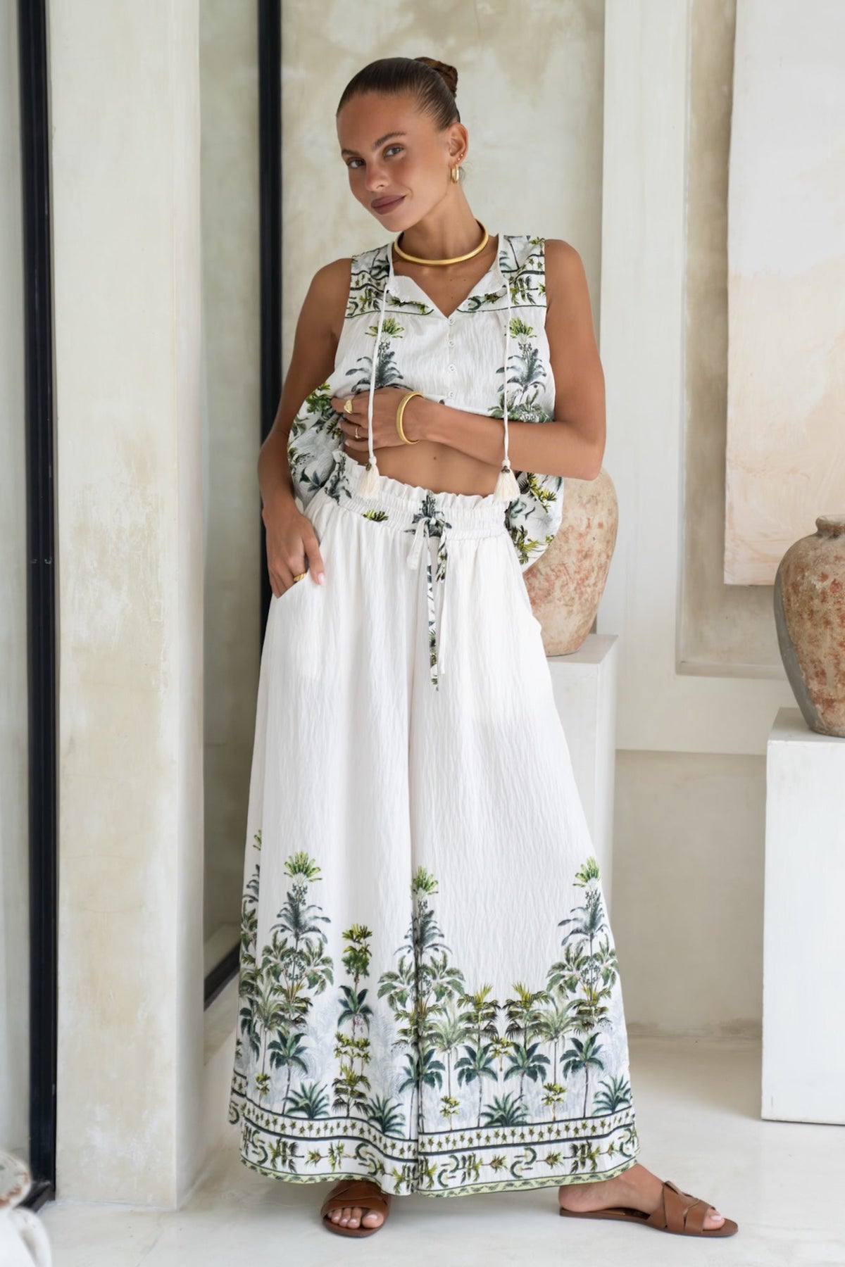 Green Tropical Wide Leg Pants