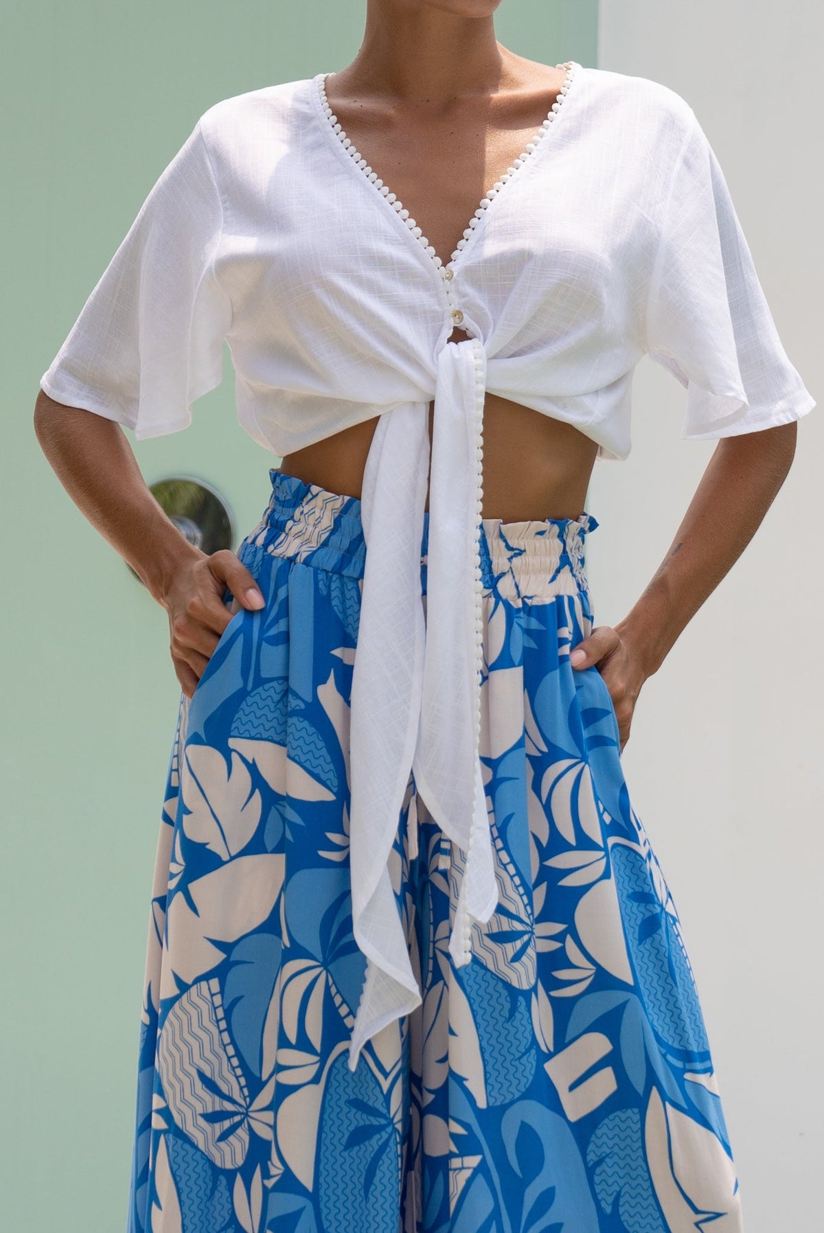 White Broderie Tie Front Crop Top