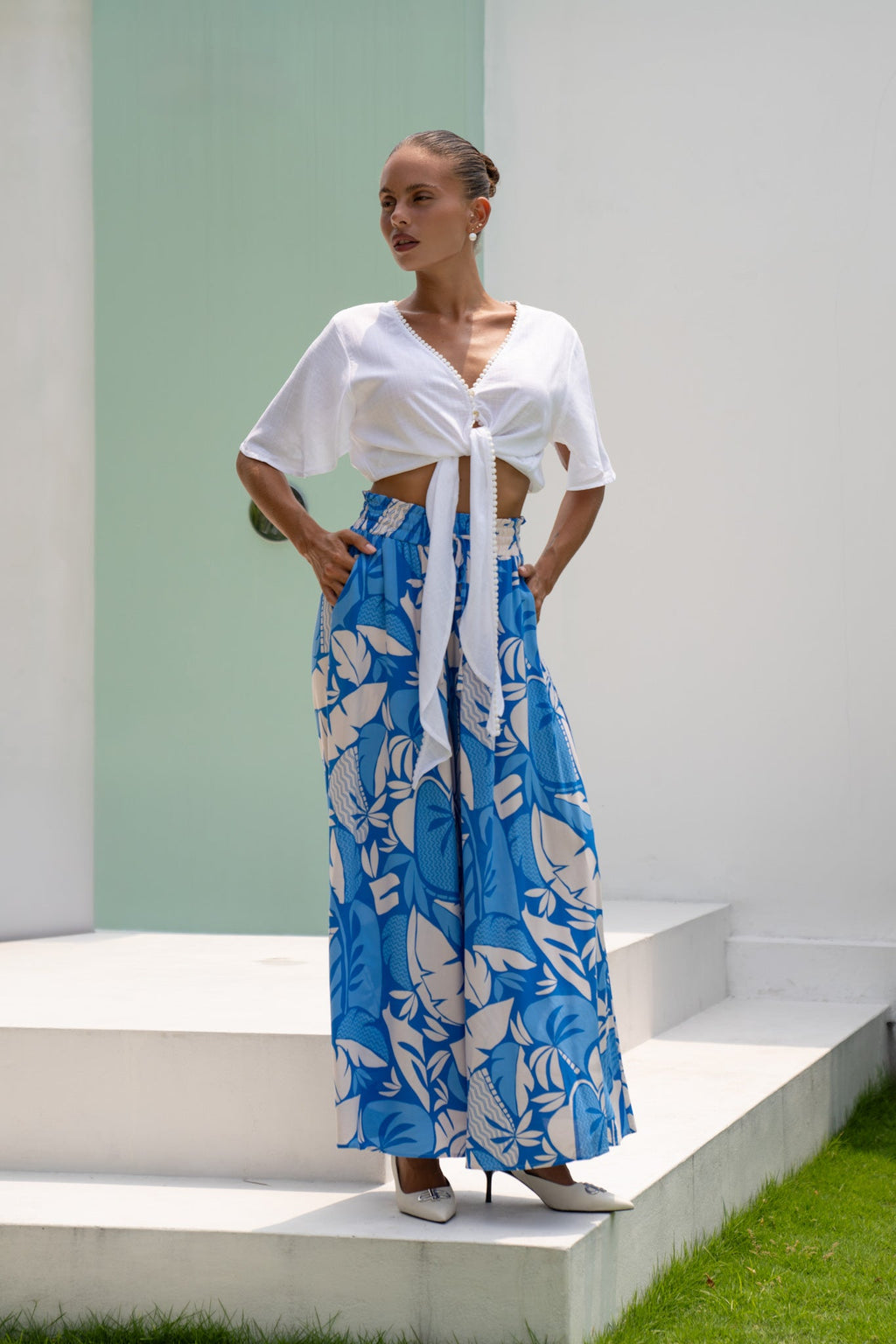 White Broderie Tie Front Crop Top