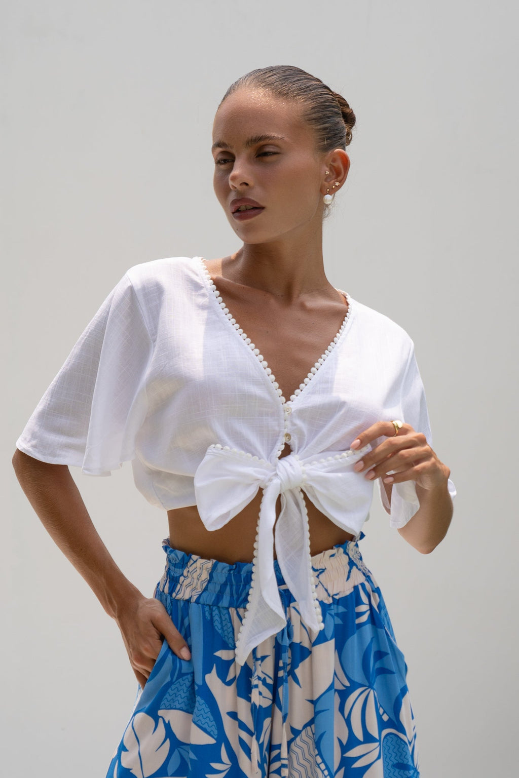 White Broderie Tie Front Crop Top