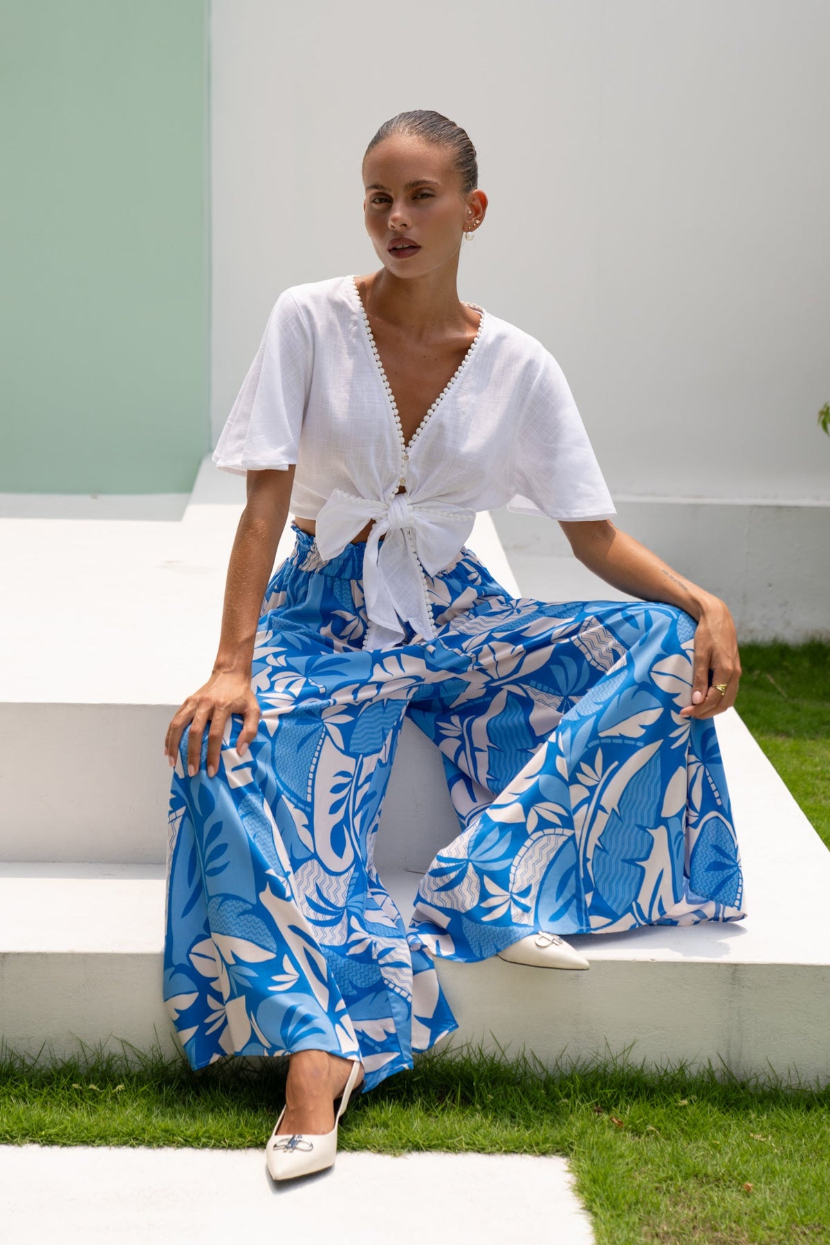 White Broderie Tie Front Crop Top