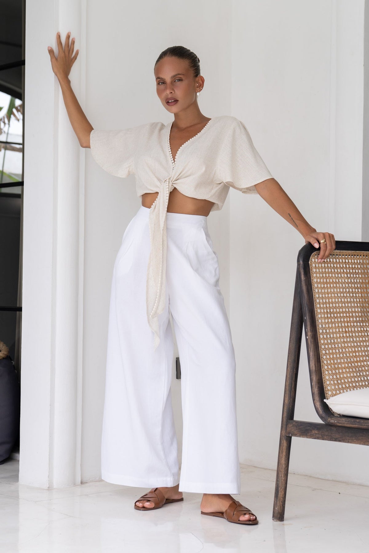 Beige Broderie Tie Front Crop Top