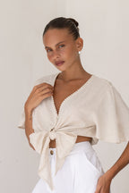 Beige Broderie Tie Front Crop Top