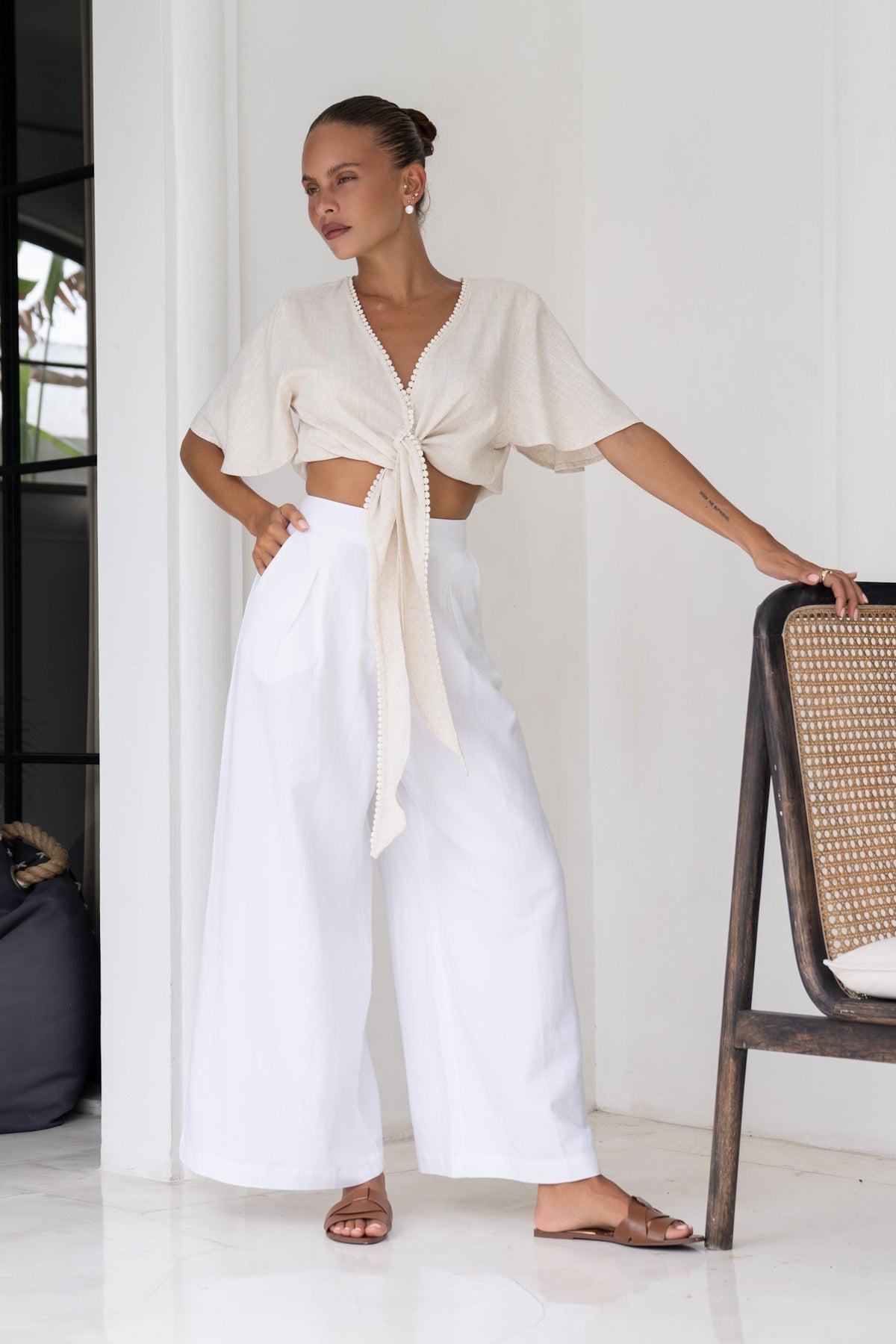 Beige Broderie Tie Front Crop Top
