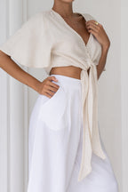 Beige Broderie Tie Front Crop Top