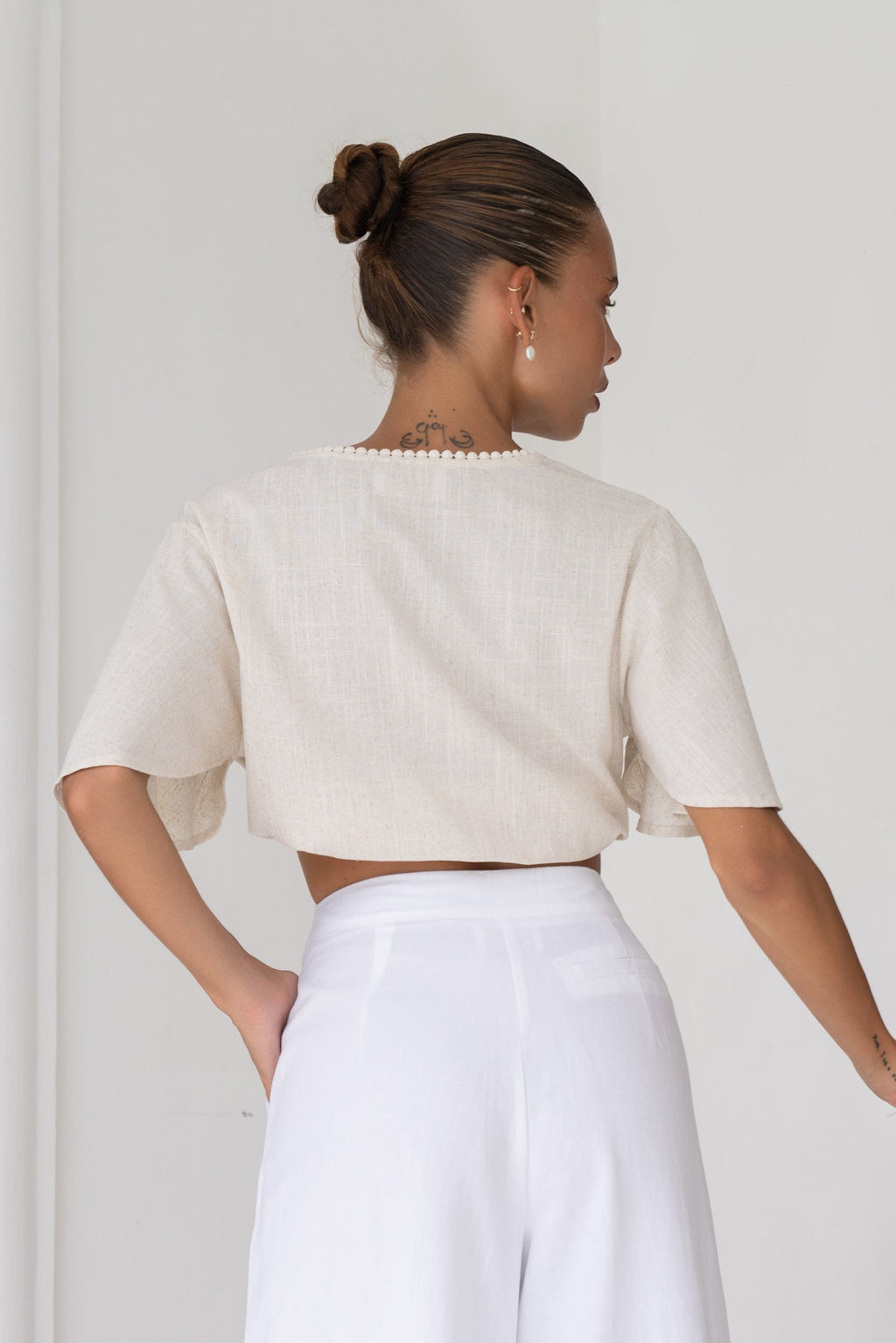 Beige Broderie Tie Front Crop Top