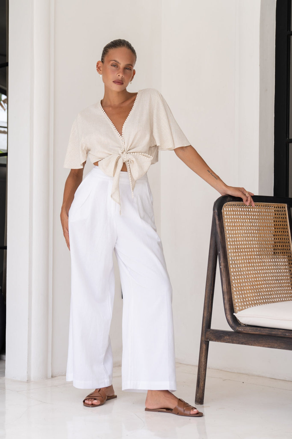 Beige Broderie Tie Front Crop Top