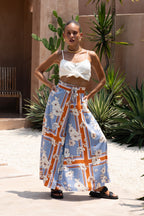 Blue Floral Wide Leg Cropped Pants
