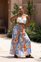 Blue Floral Wide Leg Cropped Pants