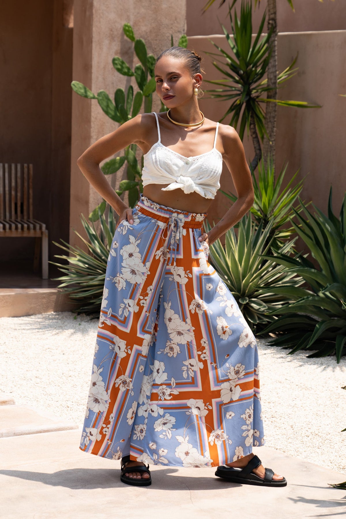 Blue Floral Wide Leg Cropped Pants