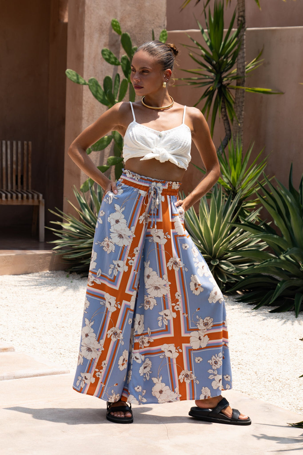 Blue Floral Wide Leg Cropped Pants