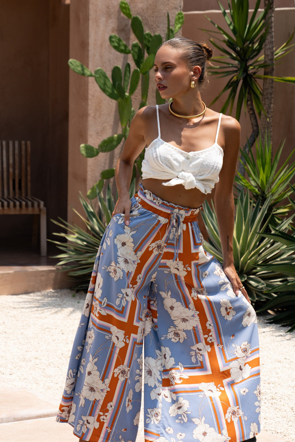 Blue Floral Wide Leg Cropped Pants
