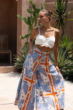 Blue Floral Wide Leg Cropped Pants