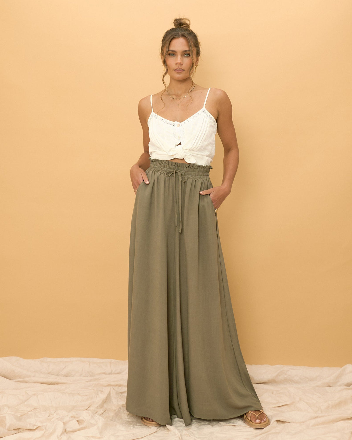 Khaki Green Wide Leg Pants