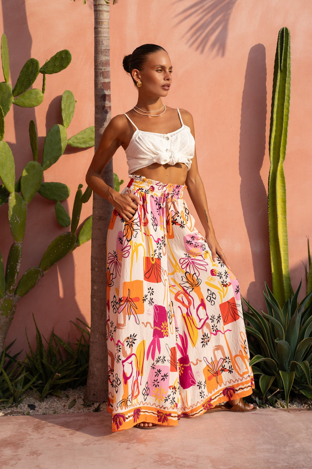 Saffron Orange Abstract Wide Leg Pants