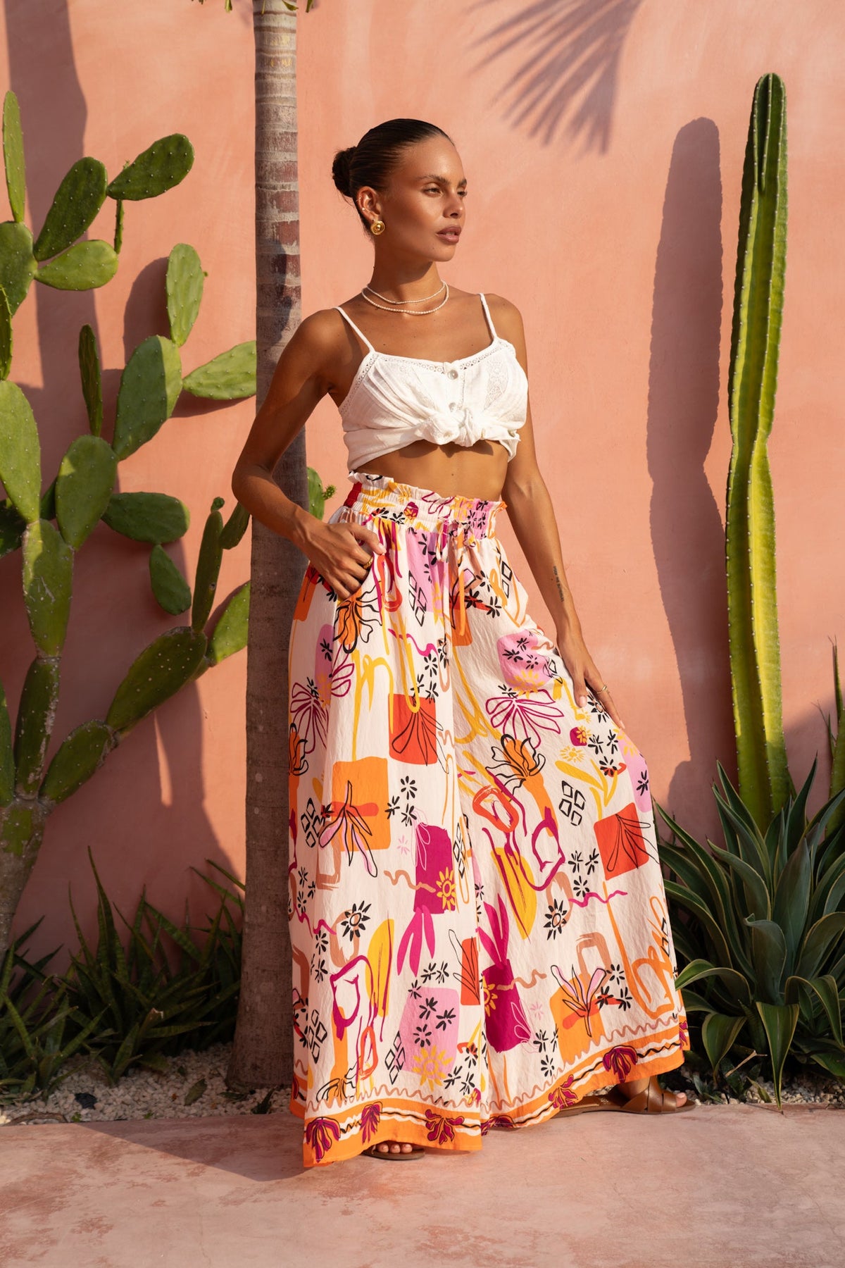 Saffron Orange Abstract Wide Leg Pants