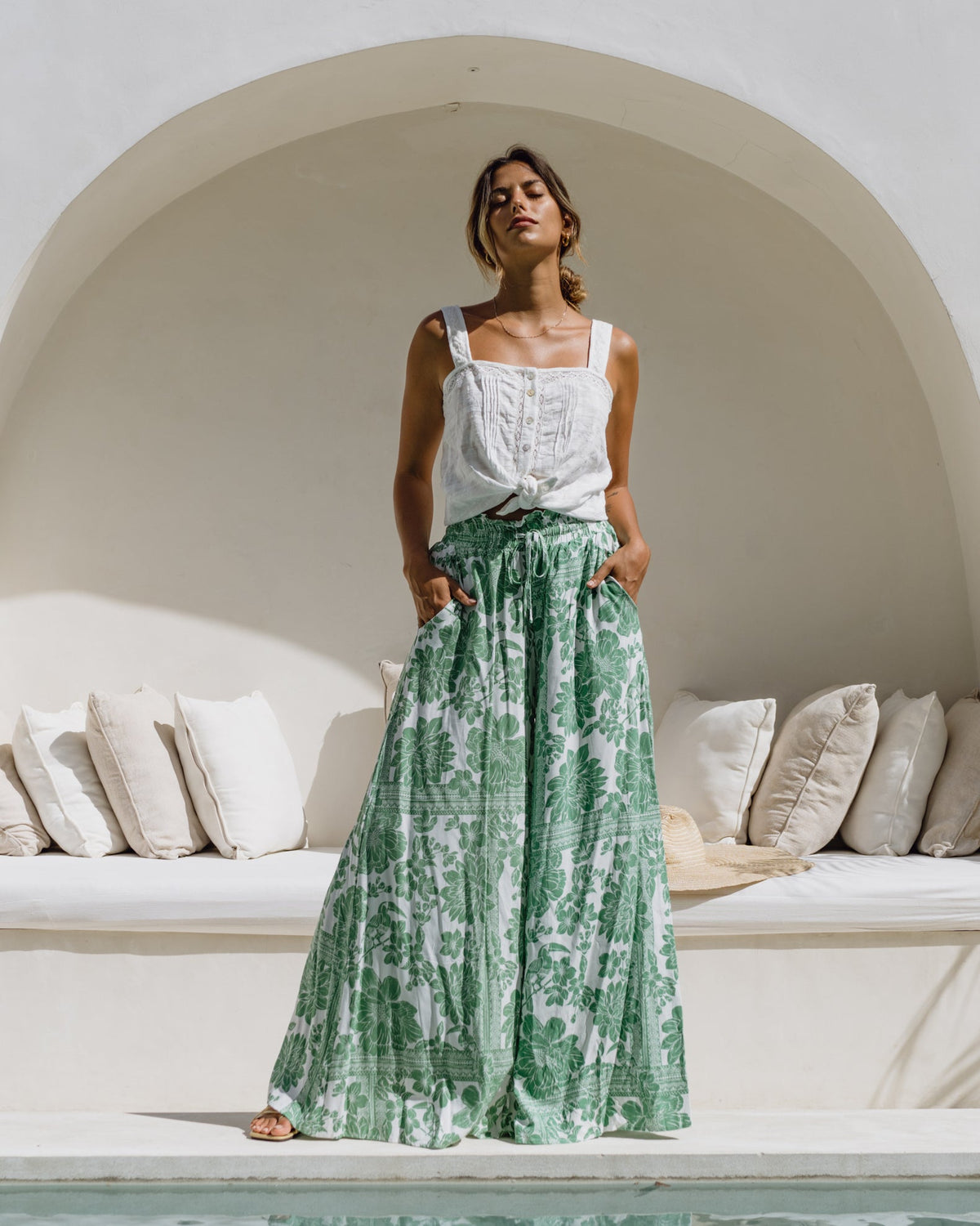 Green Floral Wide Leg Pants