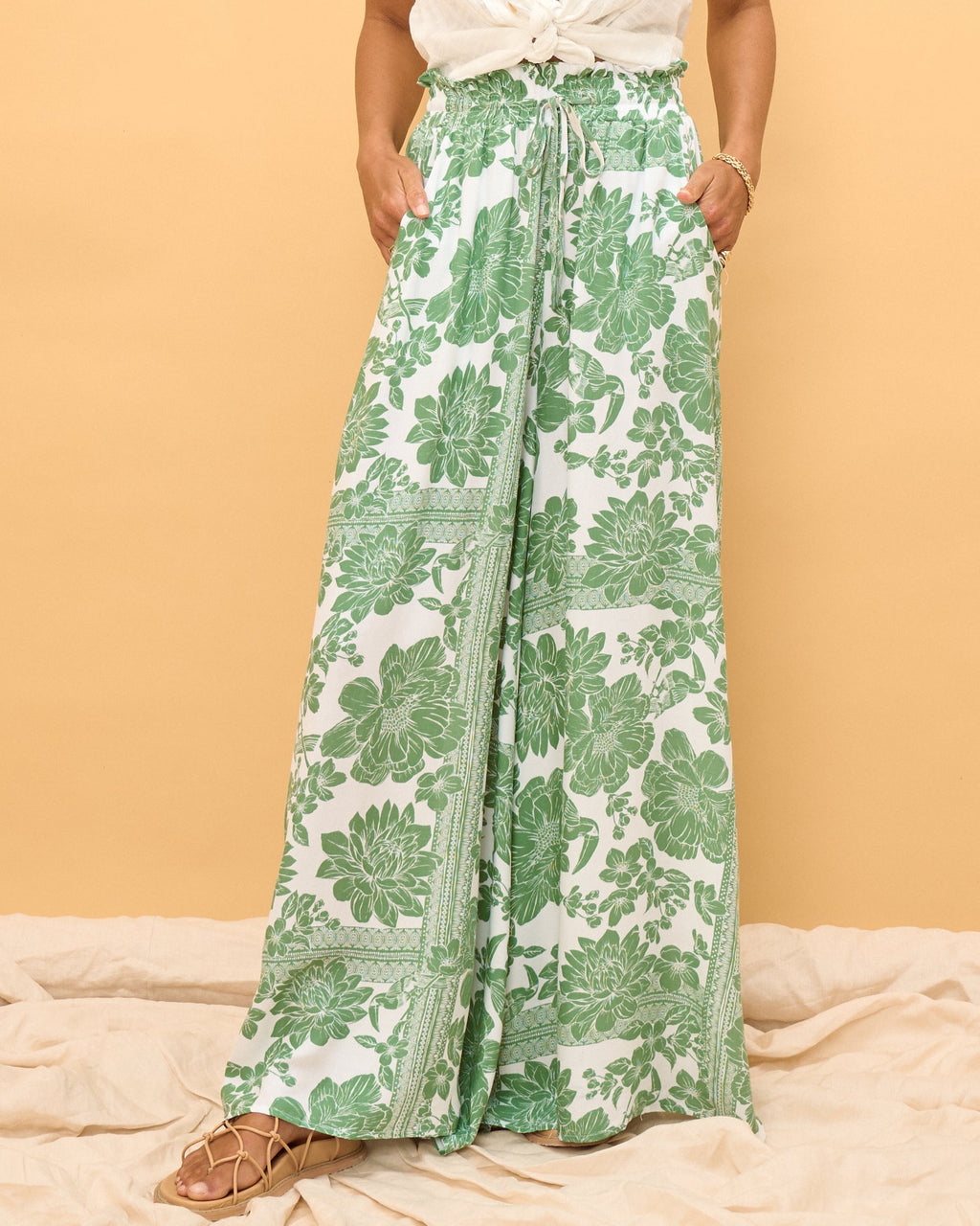 Green Floral Wide Leg Pants