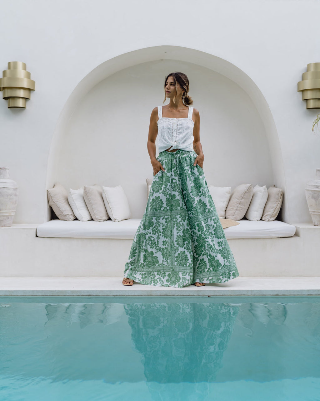 Green Floral Wide Leg Pants