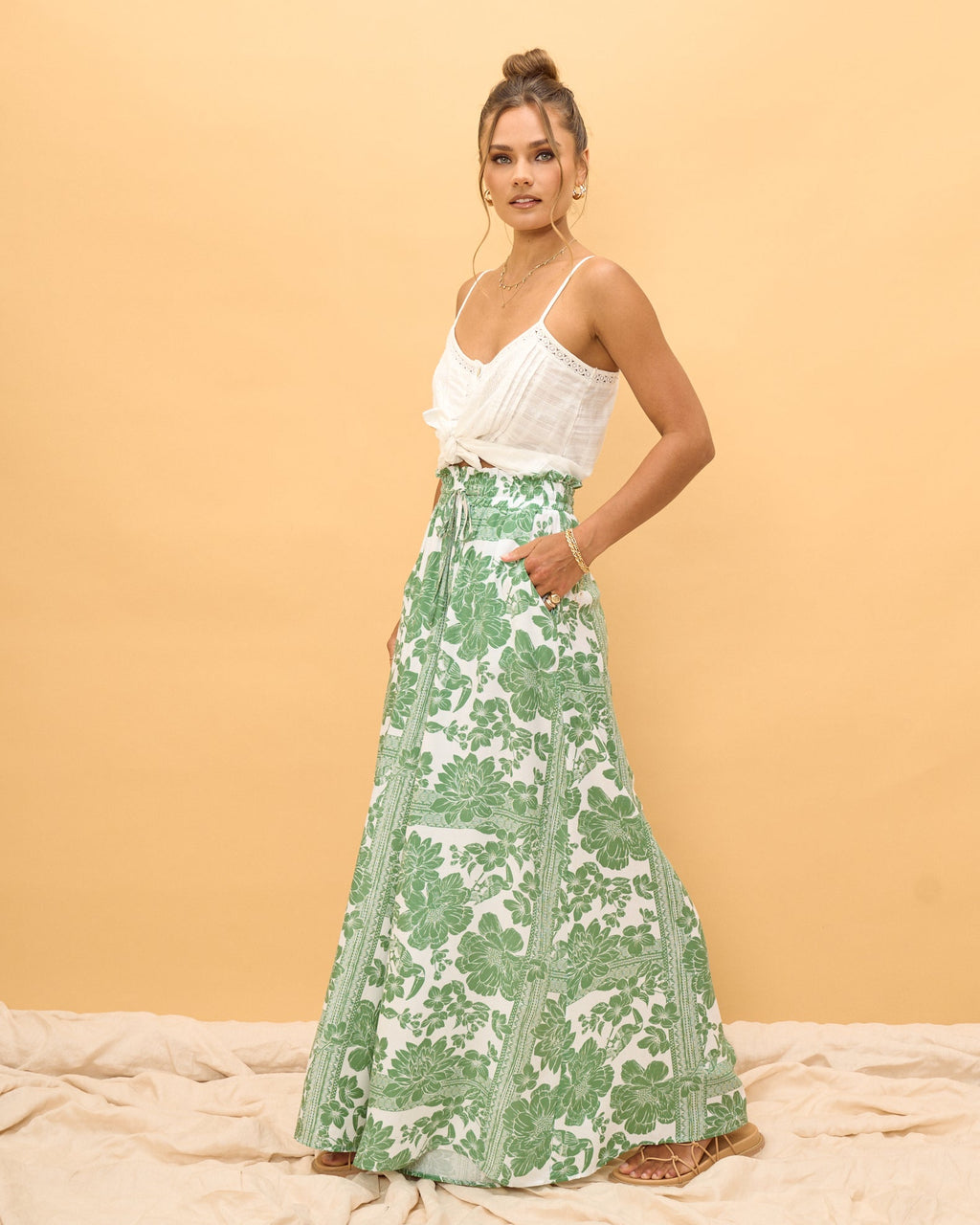 Green Floral Wide Leg Pants