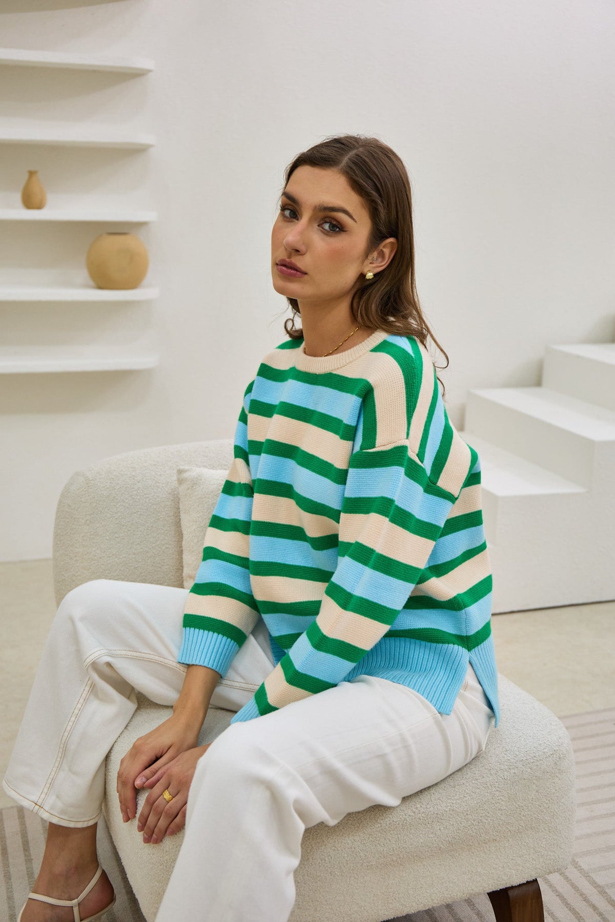Green Blue Stripe Knit Sweater