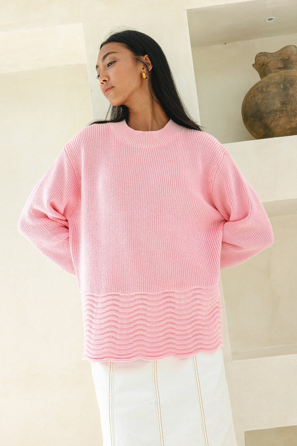 Pink Scallop Hem Knit Sweater