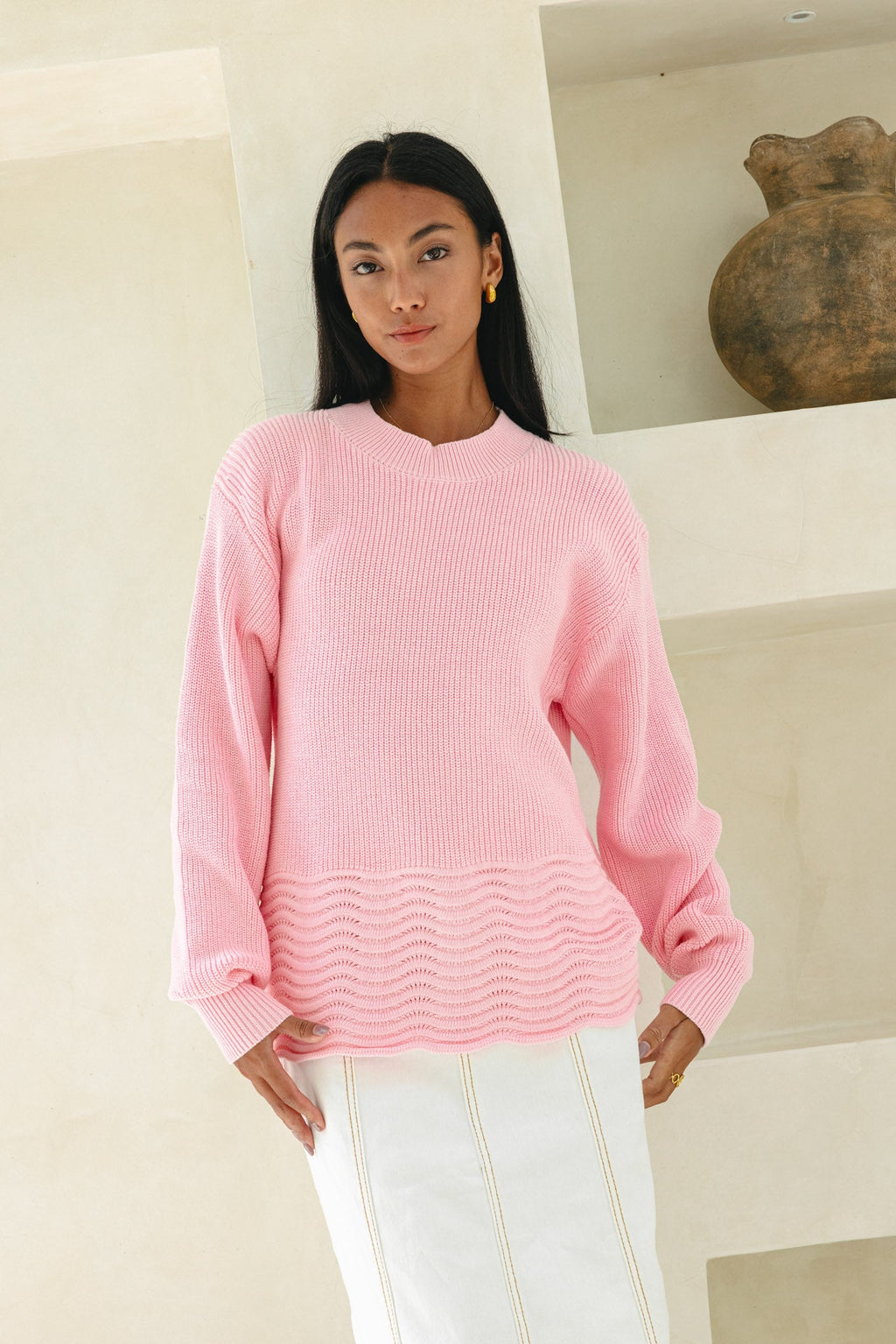 Pink Scallop Hem Knit Sweater