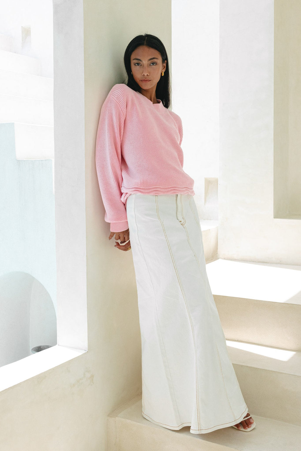 Pink Scallop Hem Knit Sweater