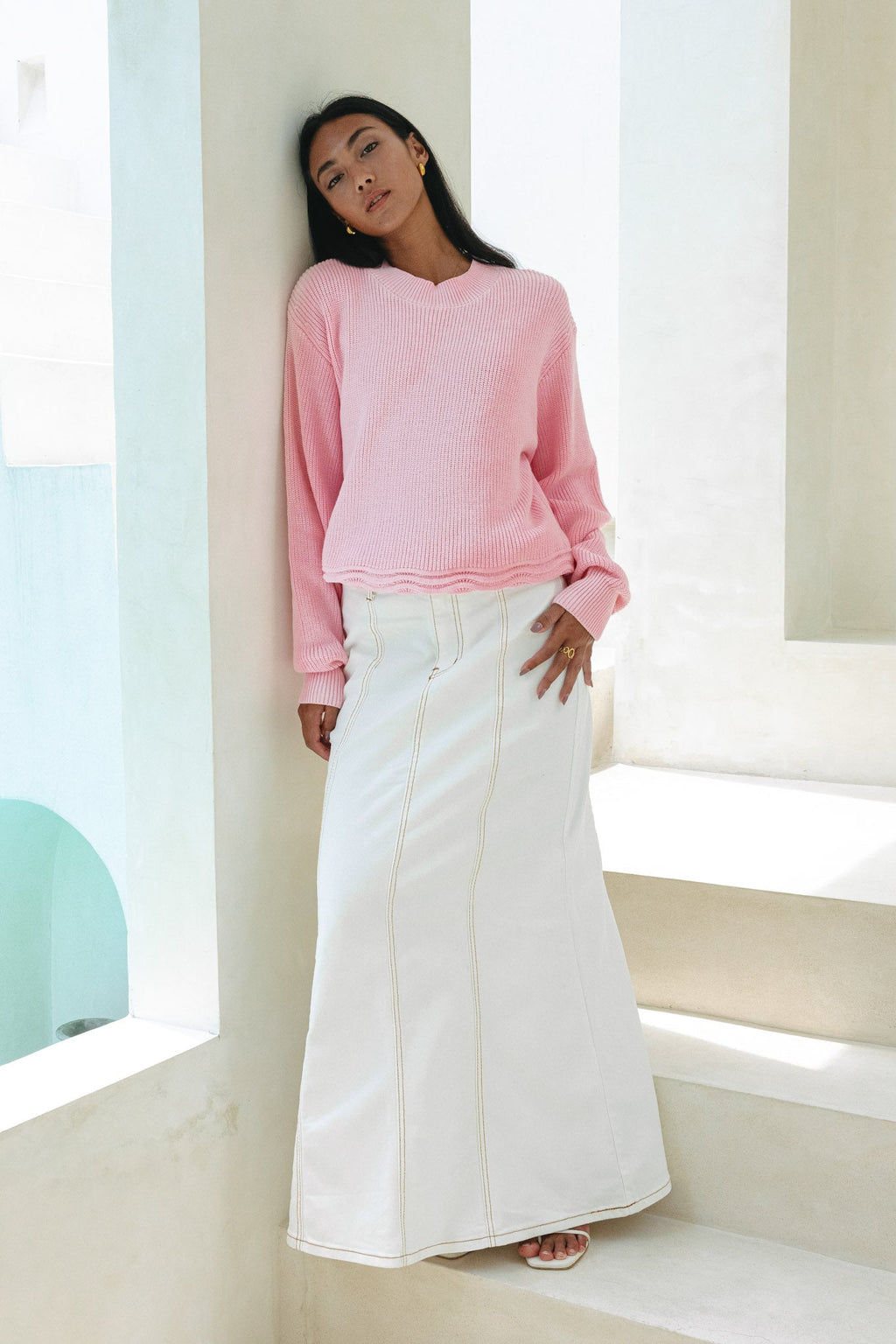 Pink Scallop Hem Knit Sweater