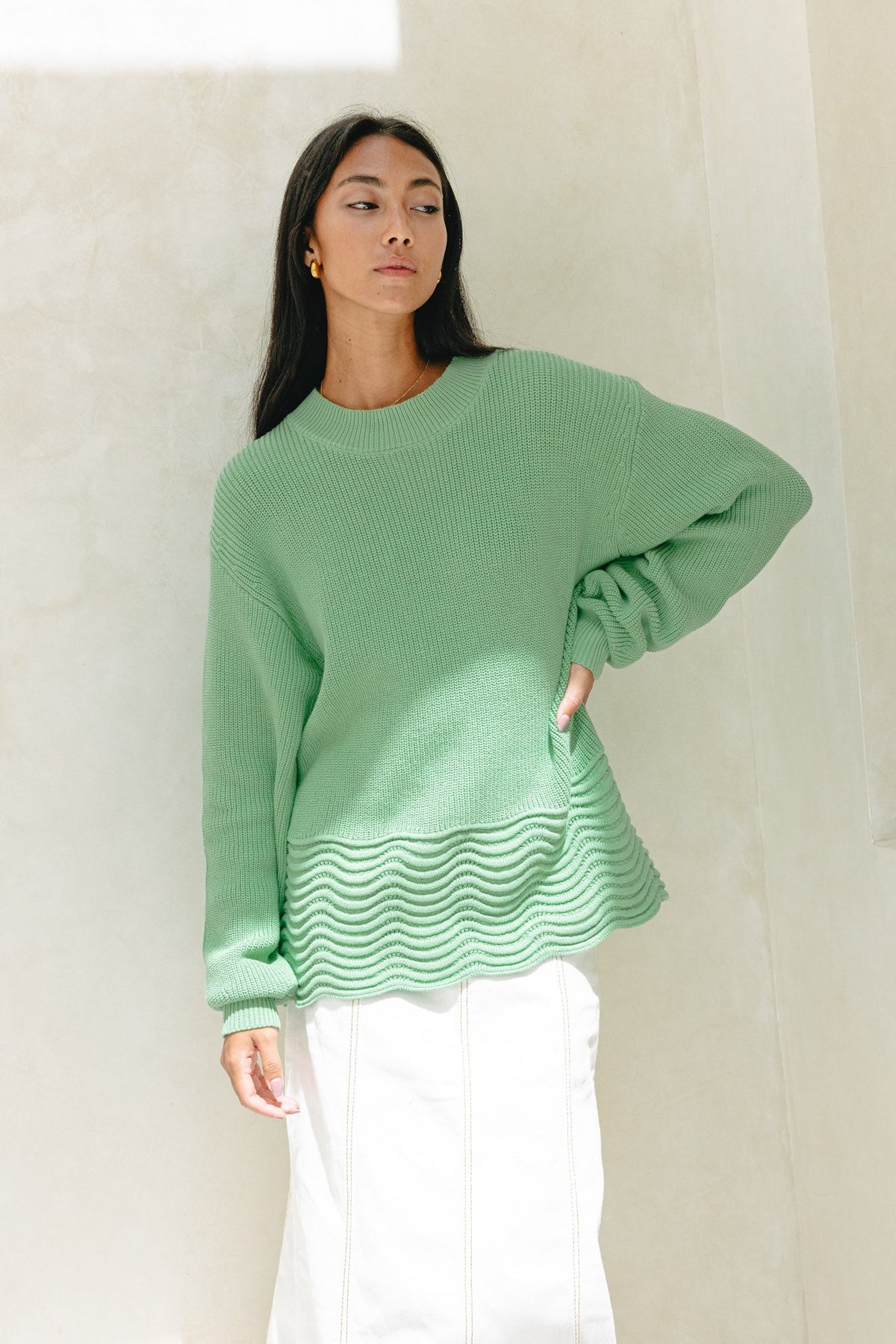 Green Scallop Hem Knit Sweater