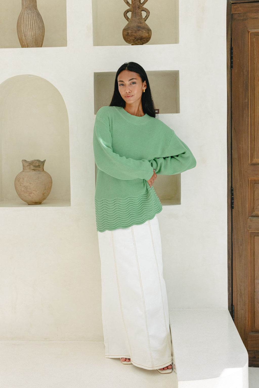 Green Scallop Hem Knit Sweater