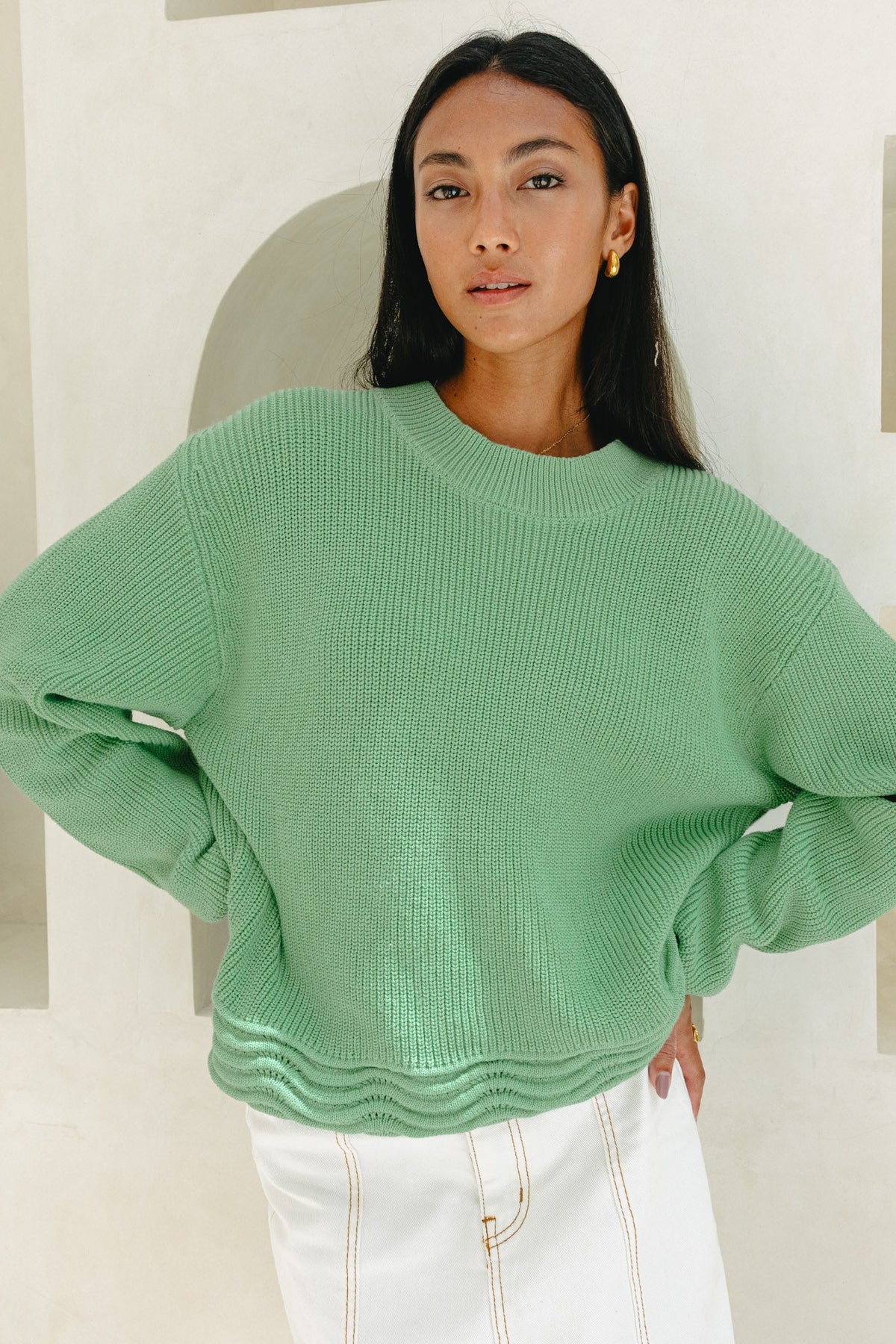 Green Scallop Hem Knit Sweater