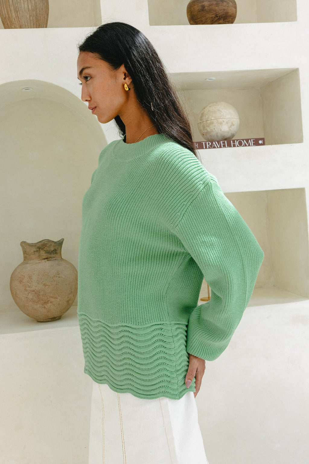 Green Scallop Hem Knit Sweater