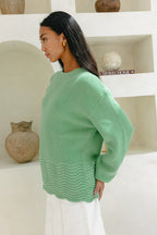 Green Scallop Hem Knit Sweater